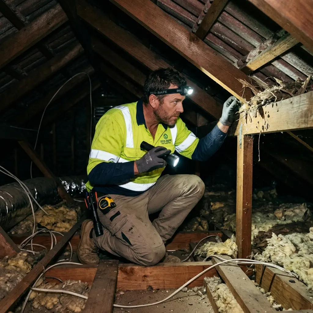 Technician inspecting a roof cavity for a dead animal in Kalkallo
